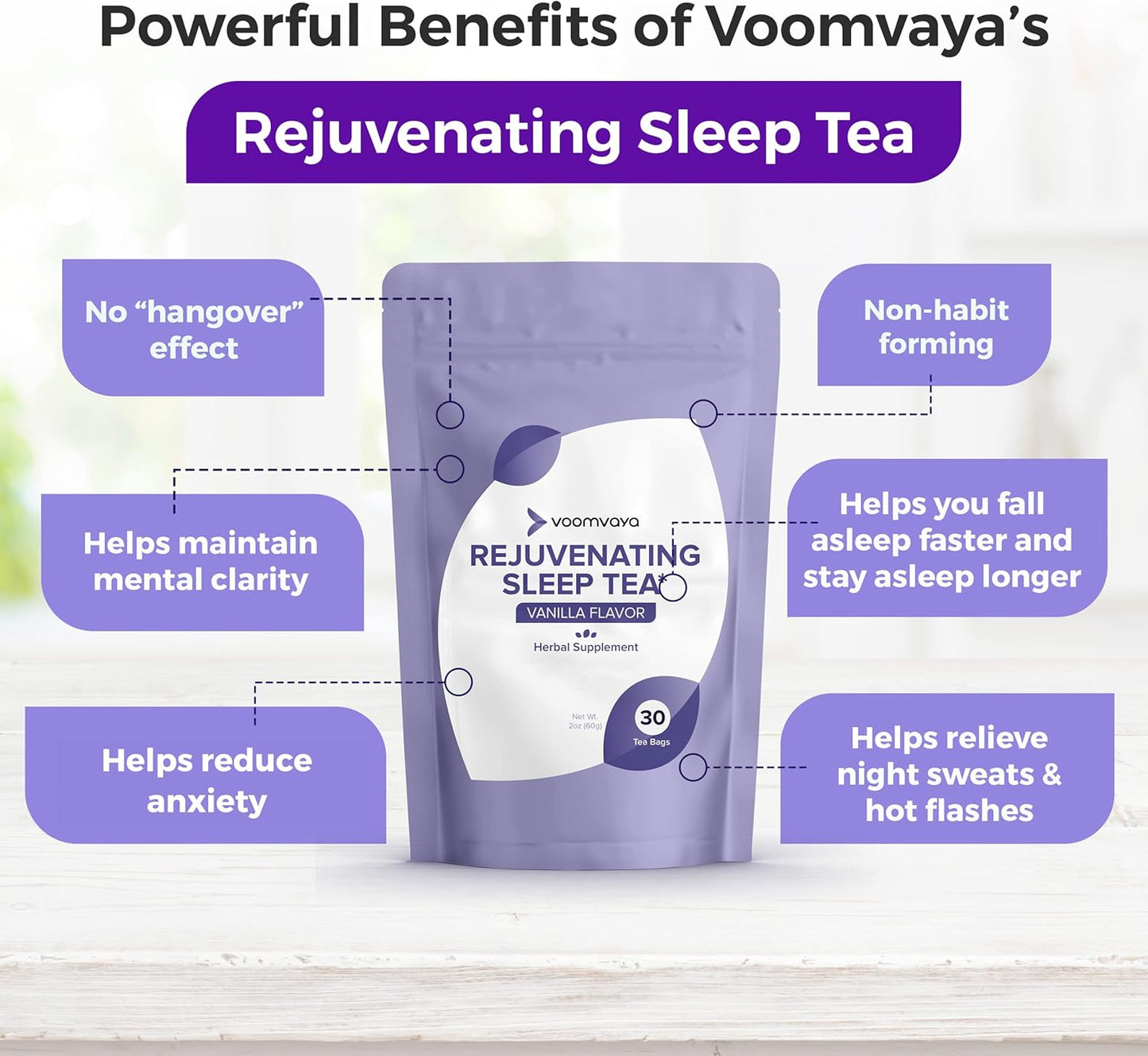 Menopause Sleep Tea with Valerian Root, Lavender & Chamomile - Herbal Supplement for Hot Flashes, Night Sweats - 30 Teabags