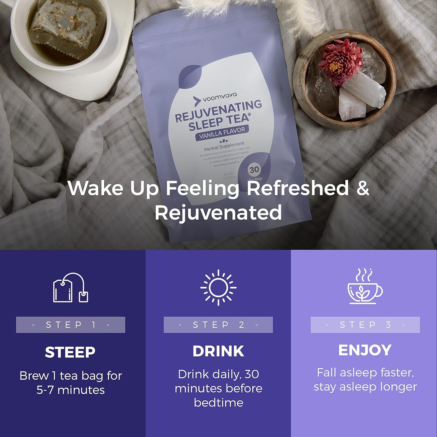 Menopause Sleep Tea with Valerian Root, Lavender & Chamomile - Herbal Supplement for Hot Flashes, Night Sweats - 30 Teabags
