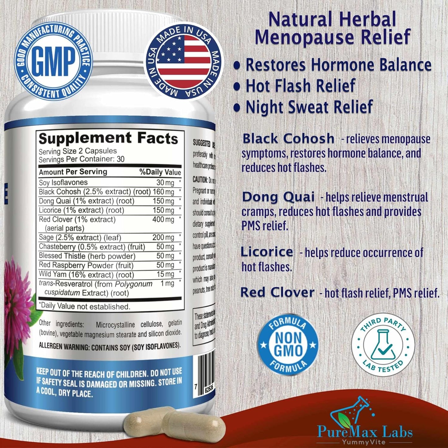 Menopause Support for Women - Natural Supplement for Hormonal Balance, Hot Flash Relief - 60 Capsules with Black Cohosh & Dong Quai