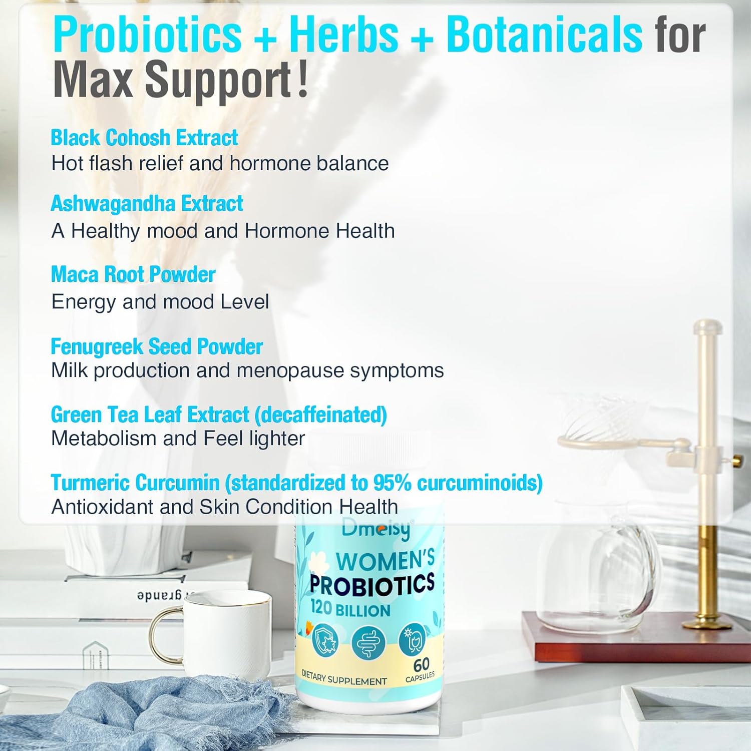 Menopause Support Probiotic with 120 Billion CFU - Natural Supplement for Women, Hot Flashes, Night Sweats, Mood Swings, Hormone Balance, Gut & Immune Health - 120 Capsules