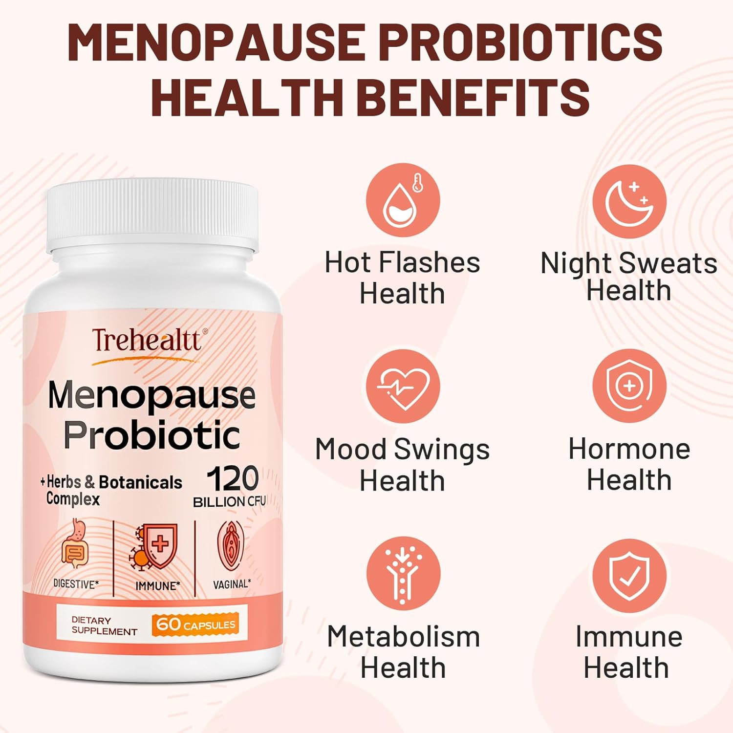 Menopause Support Supplement with 120 Billion CFU Probiotic, 13-in-1 Herbal Complex for Hormonal Balance, Hot Flashes, Night Sweats, Mood Swings, Sleep - 60 Vegan Capsules