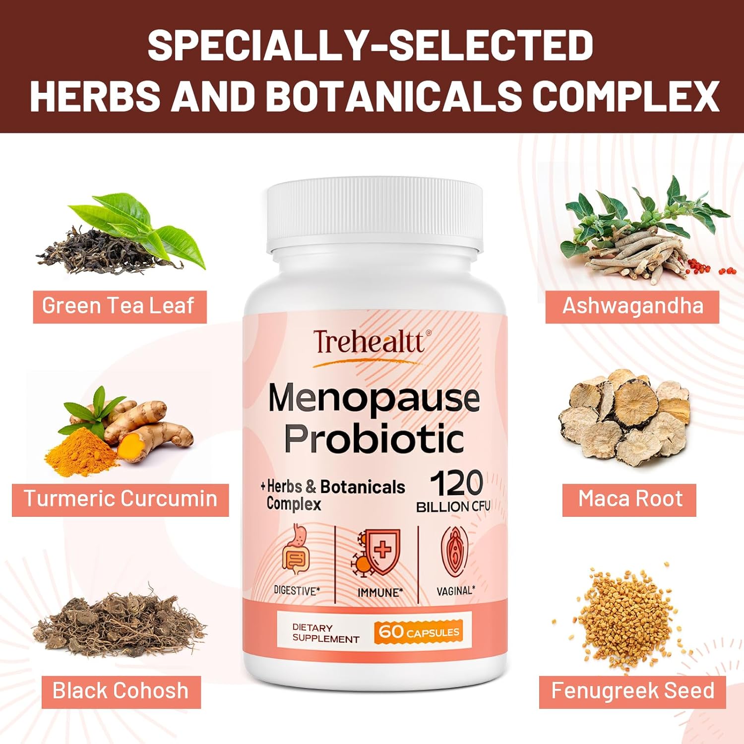 Menopause Support Supplement with 120 Billion CFU Probiotic, 13-in-1 Herbal Complex for Hormonal Balance, Hot Flashes, Night Sweats, Mood Swings, Sleep - 60 Vegan Capsules
