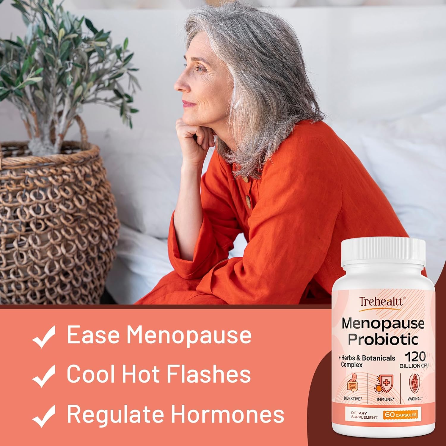 Menopause Support Supplement with 120 Billion CFU Probiotic, 13-in-1 Herbal Complex for Hormonal Balance, Hot Flashes, Night Sweats, Mood Swings, Sleep - 60 Vegan Capsules