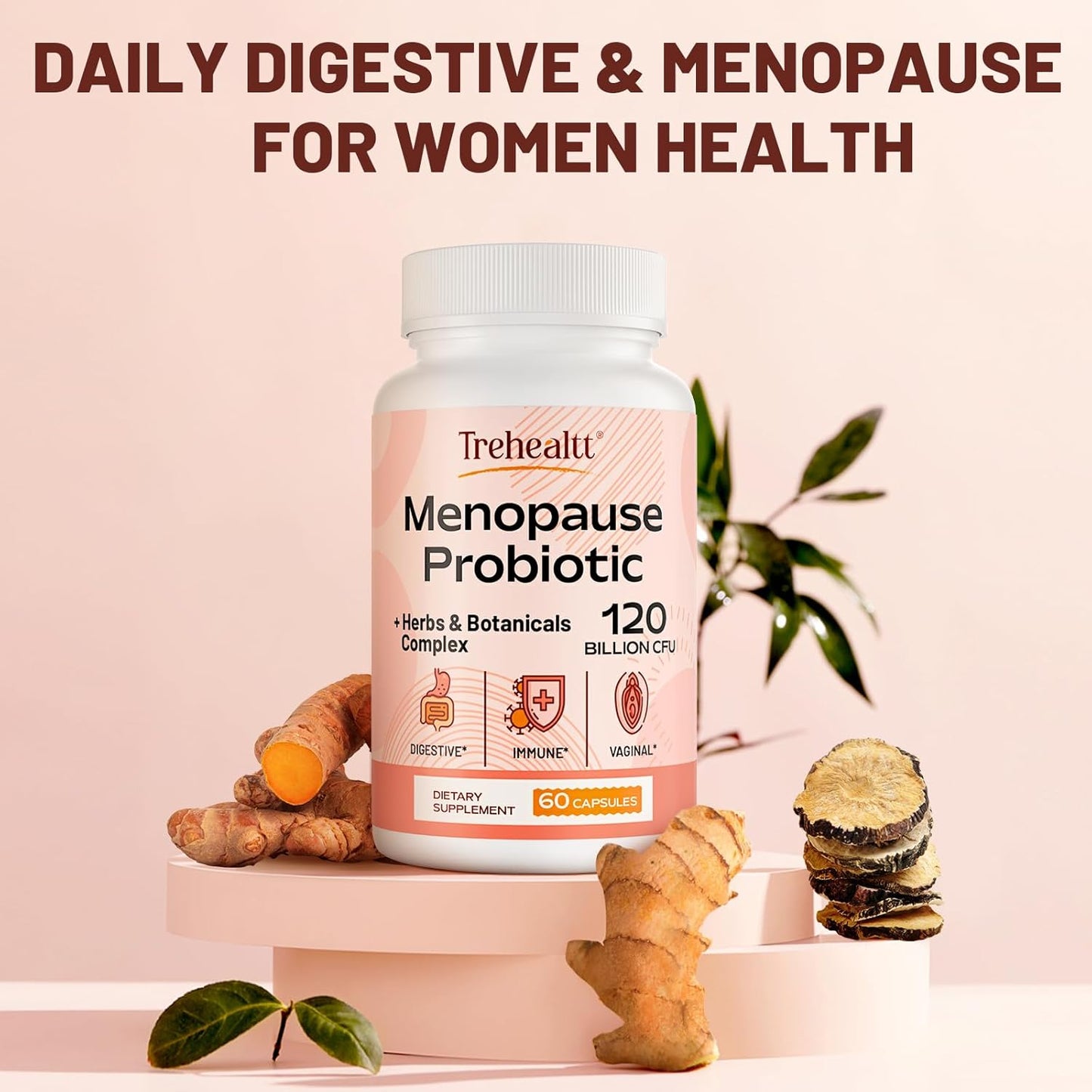 Menopause Support Supplement with 120 Billion CFU Probiotic, 13-in-1 Herbal Complex for Hormonal Balance, Hot Flashes, Night Sweats, Mood Swings, Sleep - 60 Vegan Capsules
