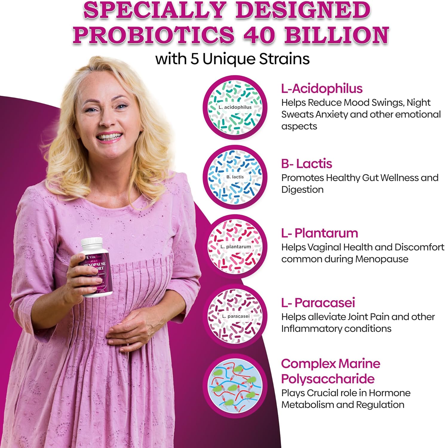 Menopause Support Supplement with Probiotics for Hot Flashes, Night Sweats, Hormone Balance, Mood Swings - 40Bn CFU