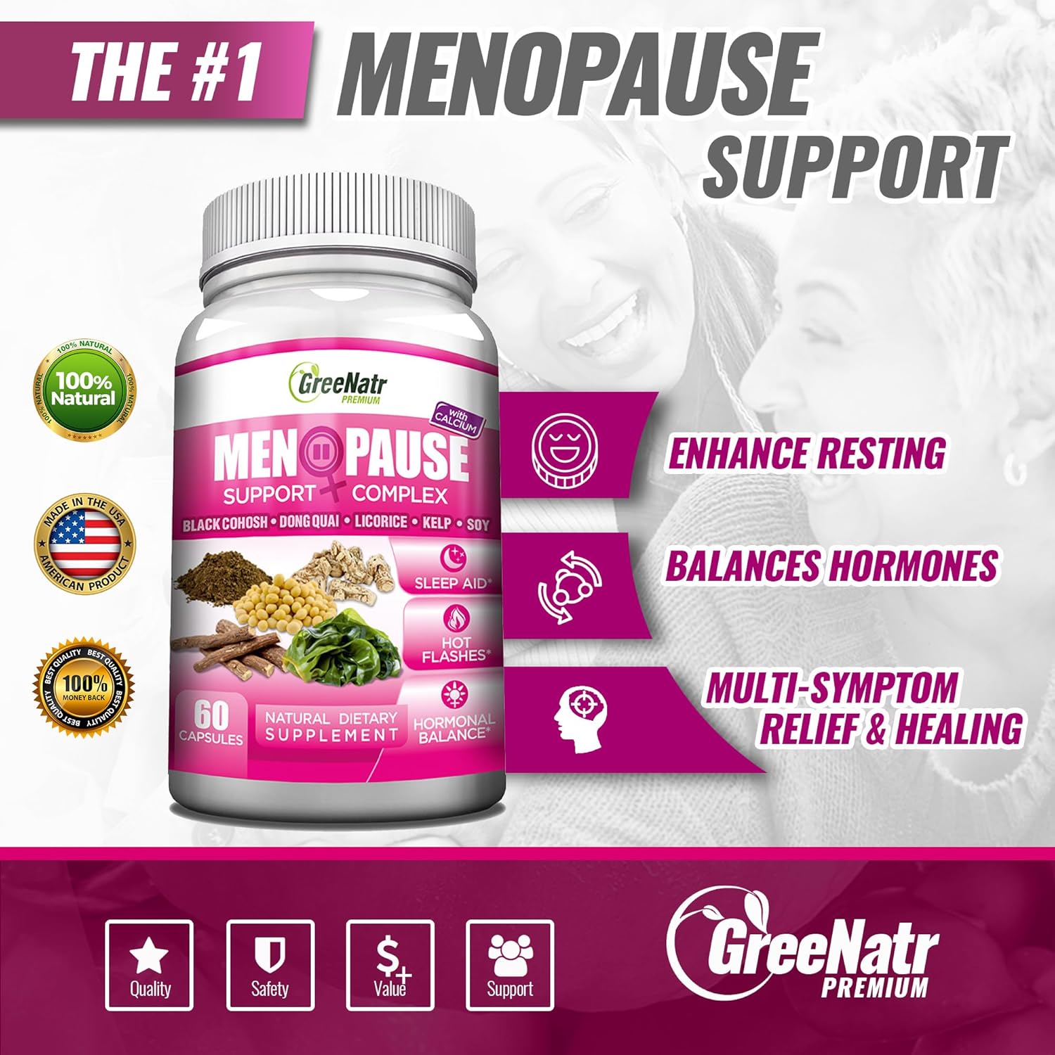 Menopause Support Supplements for Women with Dong Quai and Black Cohosh - Hormone Balance - 60 Capsules