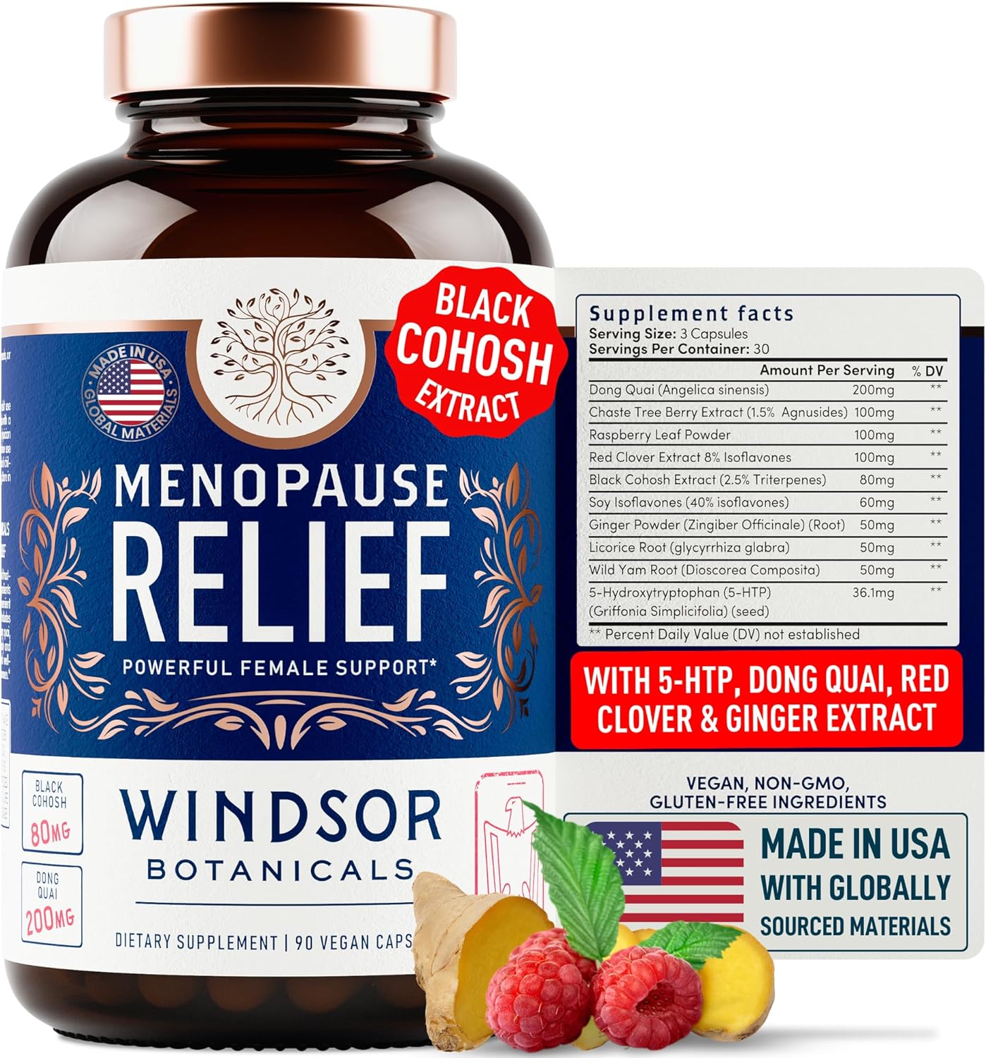 Menopause Support Supplements with 5-HTP, Dong Quai & Black Cohosh - Relief for Hot Flashes & Night Sweats - 90 Capsules for Women in Pre Menopause, Perimenopause & Meno Pause