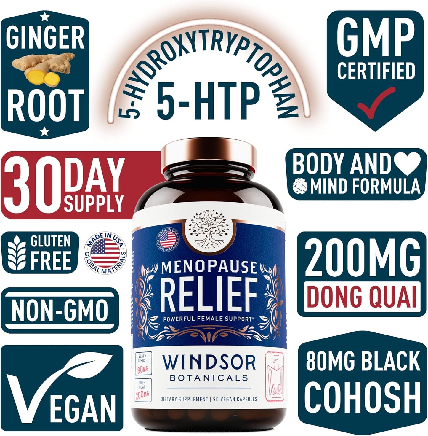 Menopause Support Supplements with 5-HTP, Dong Quai & Black Cohosh - Relief for Hot Flashes & Night Sweats - 90 Capsules for Women in Pre Menopause, Perimenopause & Meno Pause
