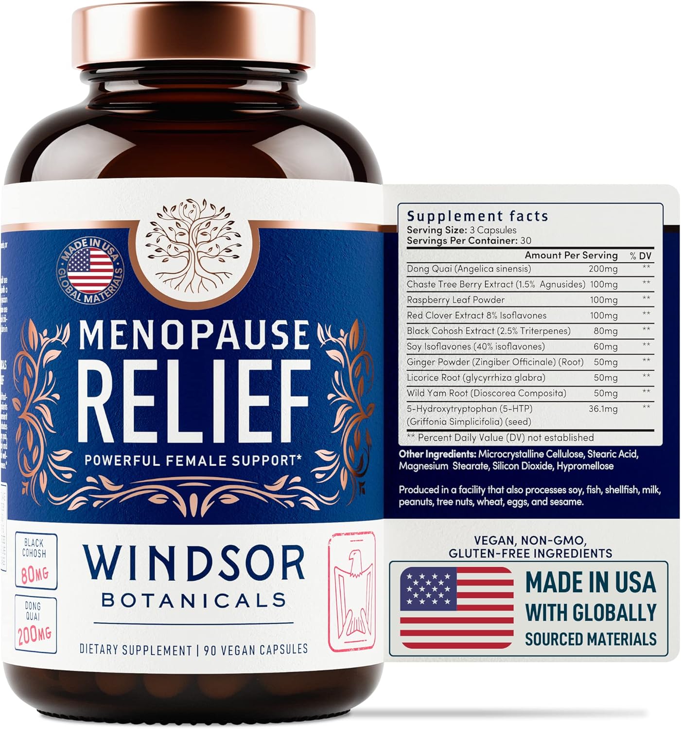 Menopause Support Supplements with 5-HTP, Dong Quai & Black Cohosh - Relief for Hot Flashes & Night Sweats - 90 Capsules for Women in Pre Menopause, Perimenopause & Meno Pause