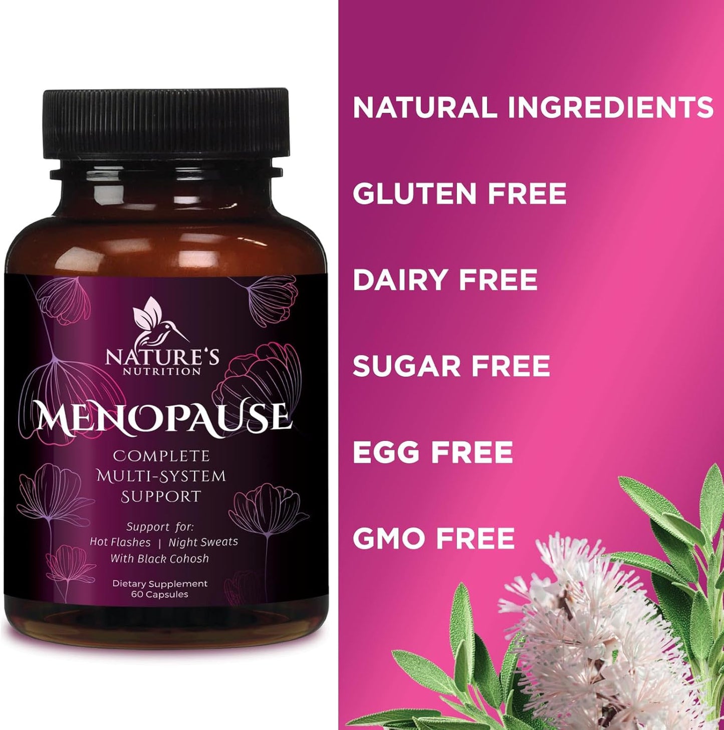 Menopause Support Vitamins - Relief for Hot Flashes & Night Sweats, Natural Balance Aid, Non-GMO - 60 Capsules