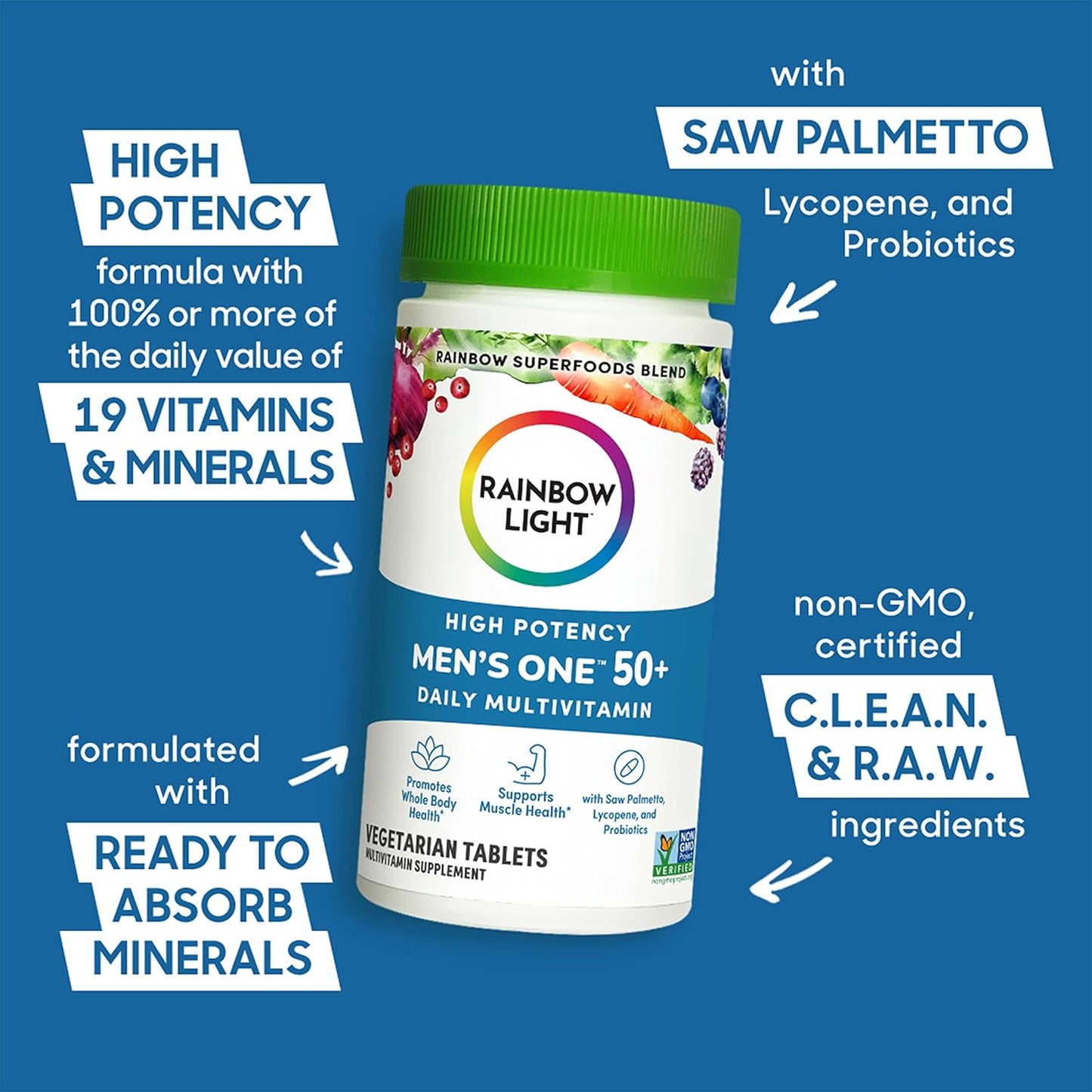 Men's 50+ Rainbow Light Multivitamin with Vitamin C, D, Zinc, Probiotics - High Potency Immune Support - Non-GMO - Vegetarian - 150 Tablets