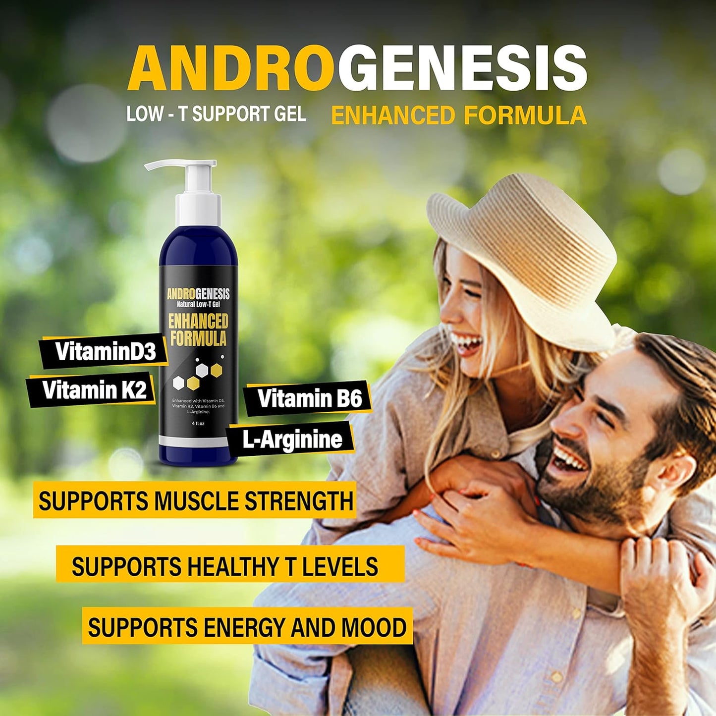 Men's Androgenesis Gel with Vitamin D3, K2, B6, L-Arginine - Low Testosterone Support for Muscle Recovery, Energy, and Healthy Aging