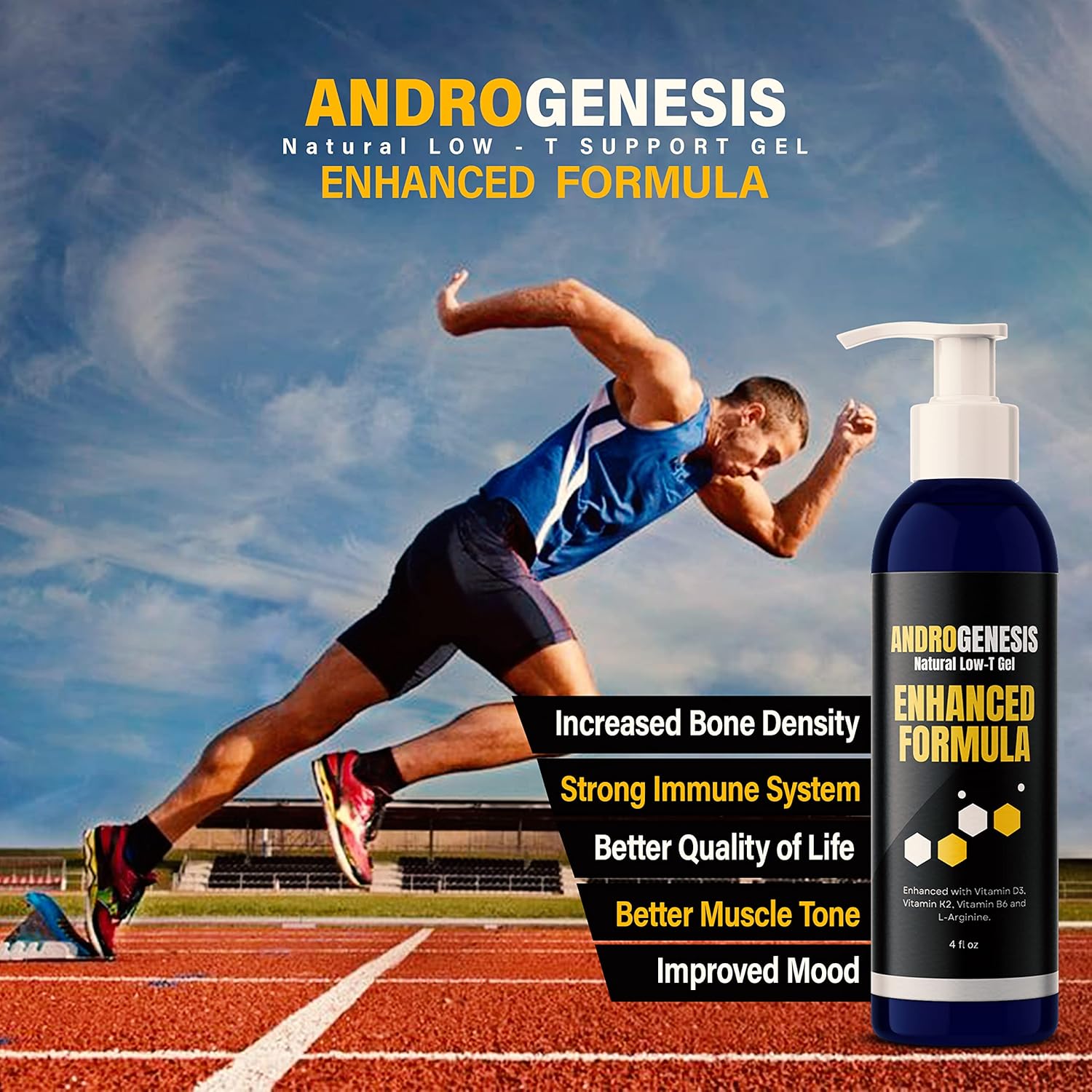 Men's Androgenesis Gel with Vitamin D3, K2, B6, L-Arginine - Low Testosterone Support for Muscle Recovery, Energy, and Healthy Aging