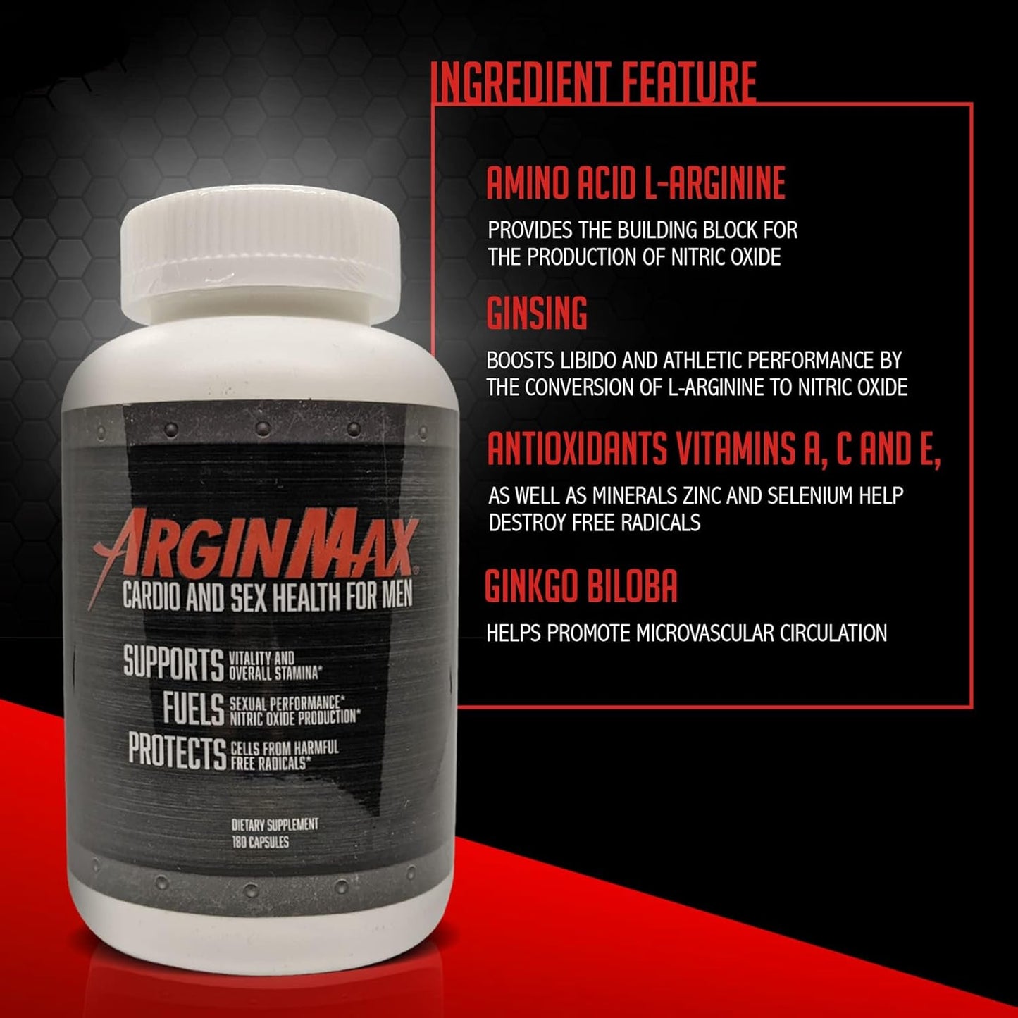 Men's ArginMax L Arginine Nitric Oxide Supplement - Boost Oxygen & Blood Flow, Non GMO Nitric Oxide Booster with Ginseng - 180 Capsules