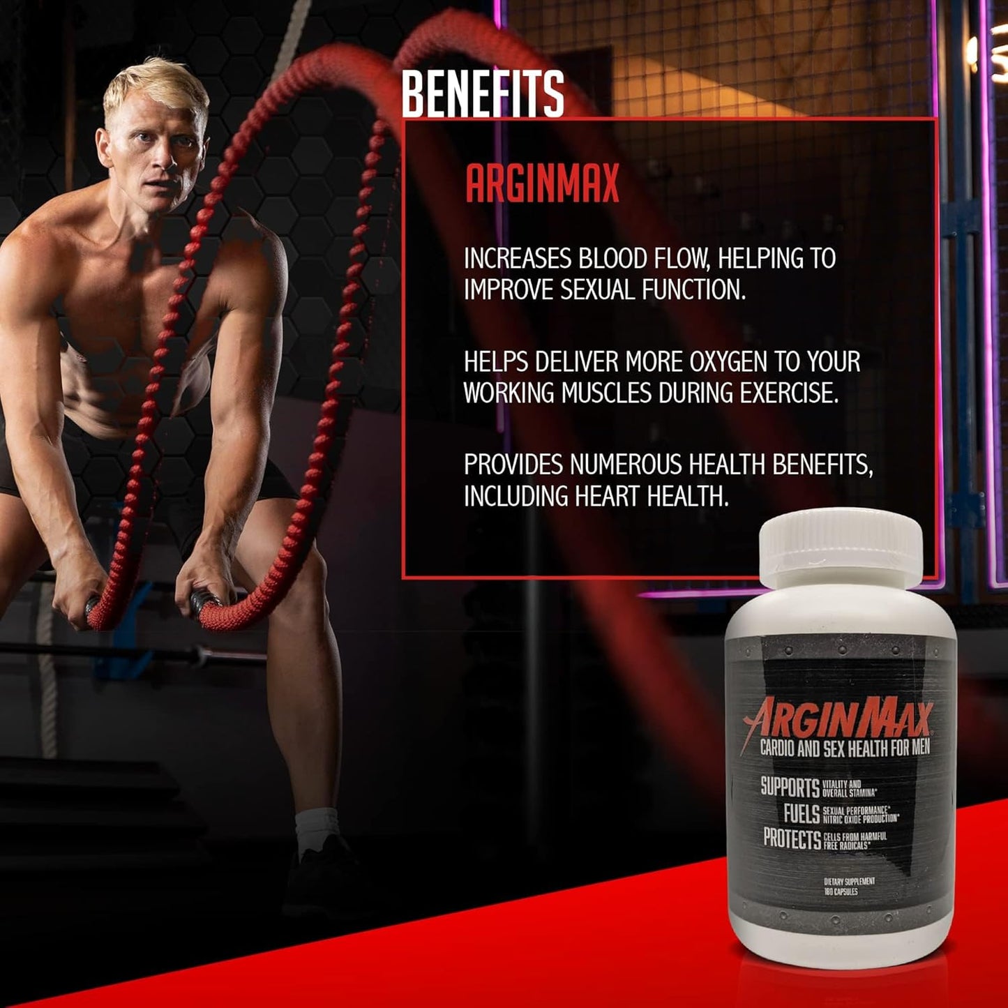 Men's ArginMax L Arginine Nitric Oxide Supplement - Boost Oxygen & Blood Flow, Non GMO Nitric Oxide Booster with Ginseng - 180 Capsules