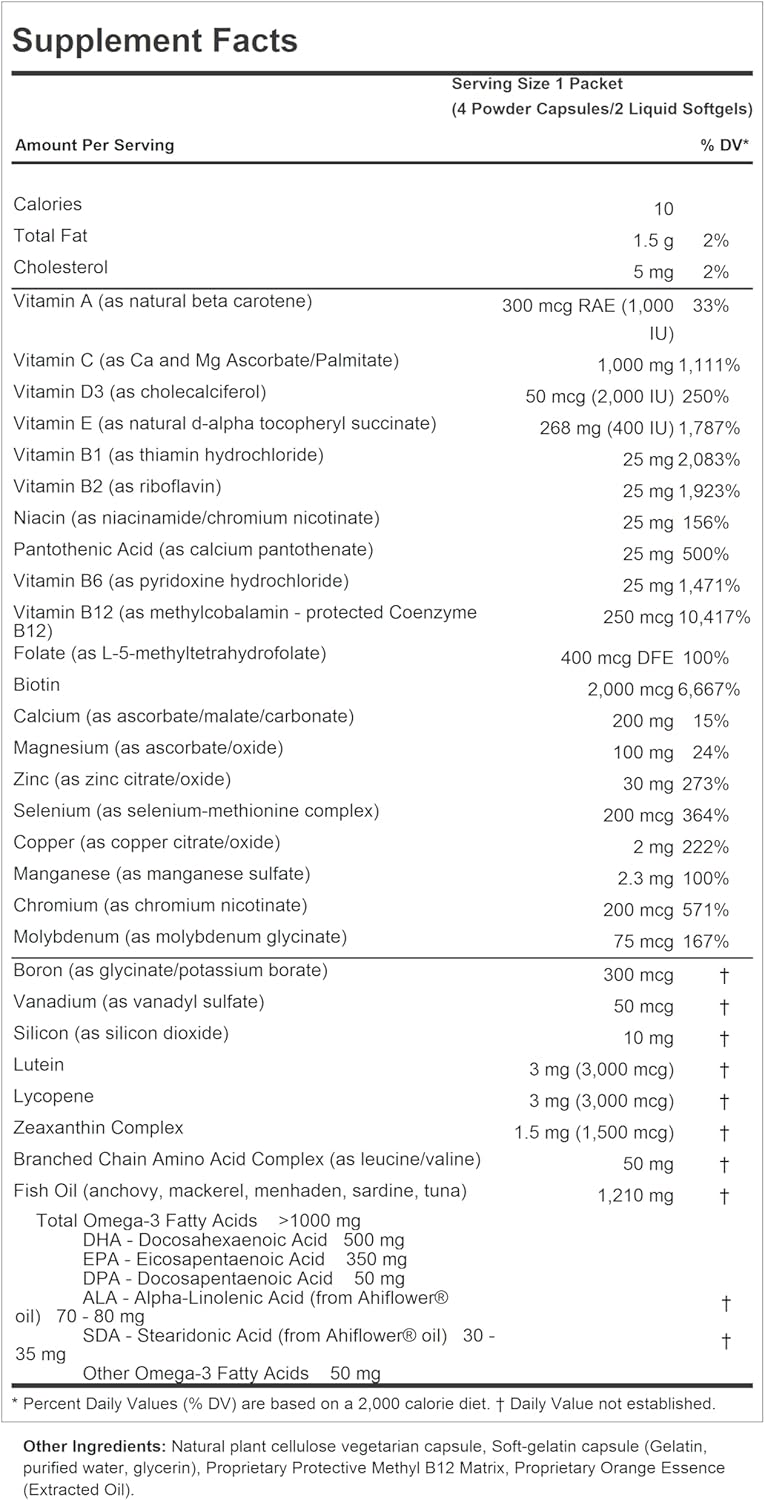 Men's Complete Multivitamin with Maximum Essential Omega-3 1000mg - 30 Packets of 30+ High Potency Nutrients, Vitamins, Minerals, Carotenoids - No Additives