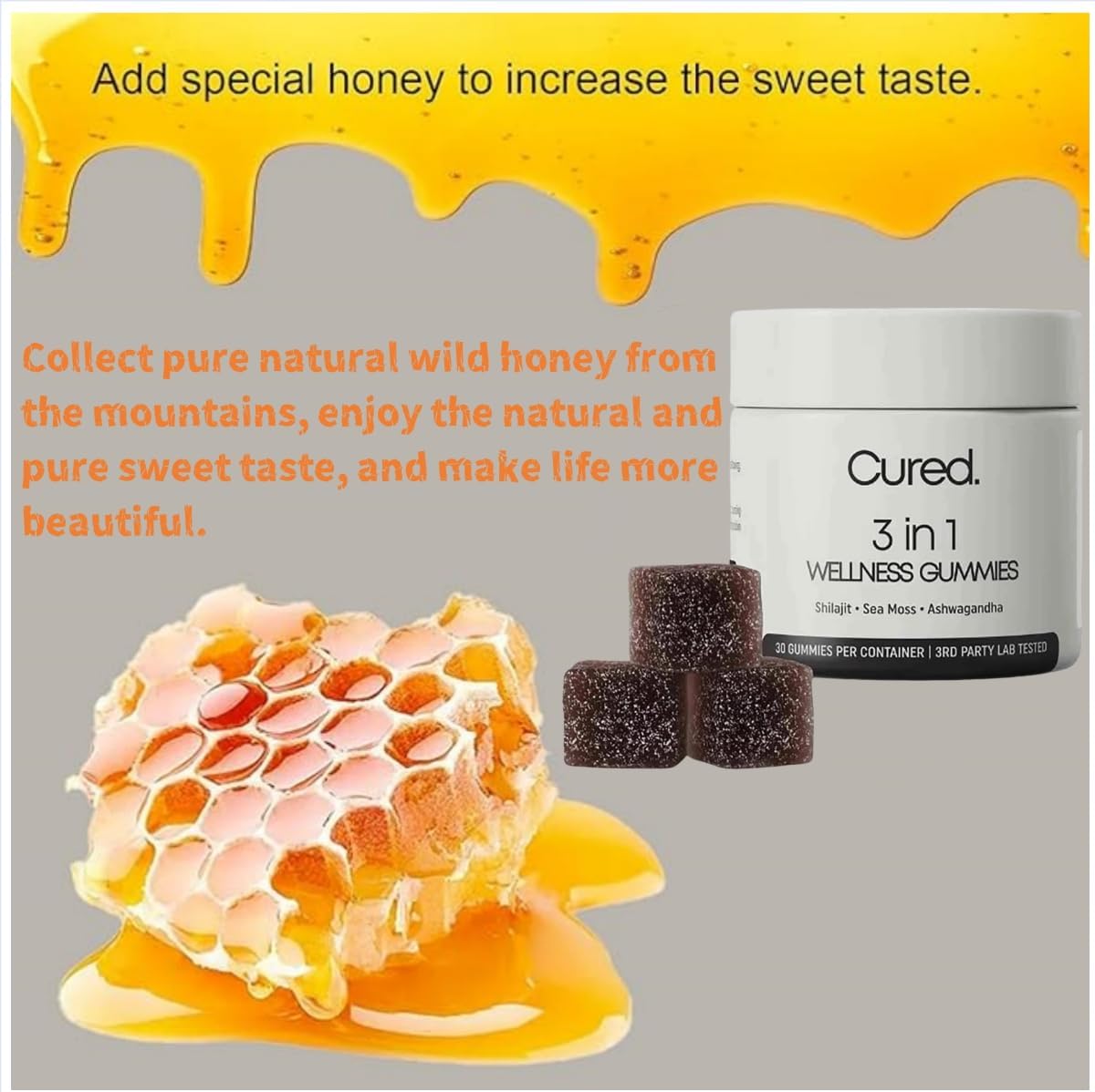 Men's Cured 3-in-1 Shilajit Gummies - Non-GMO Wellness Gummies (60-Day Supply)