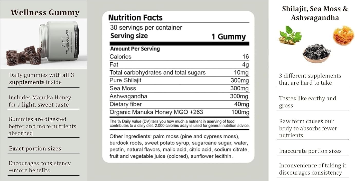 Men's Cured 3-in-1 Shilajit Gummies - Non-GMO Wellness Gummies (60-Day Supply)