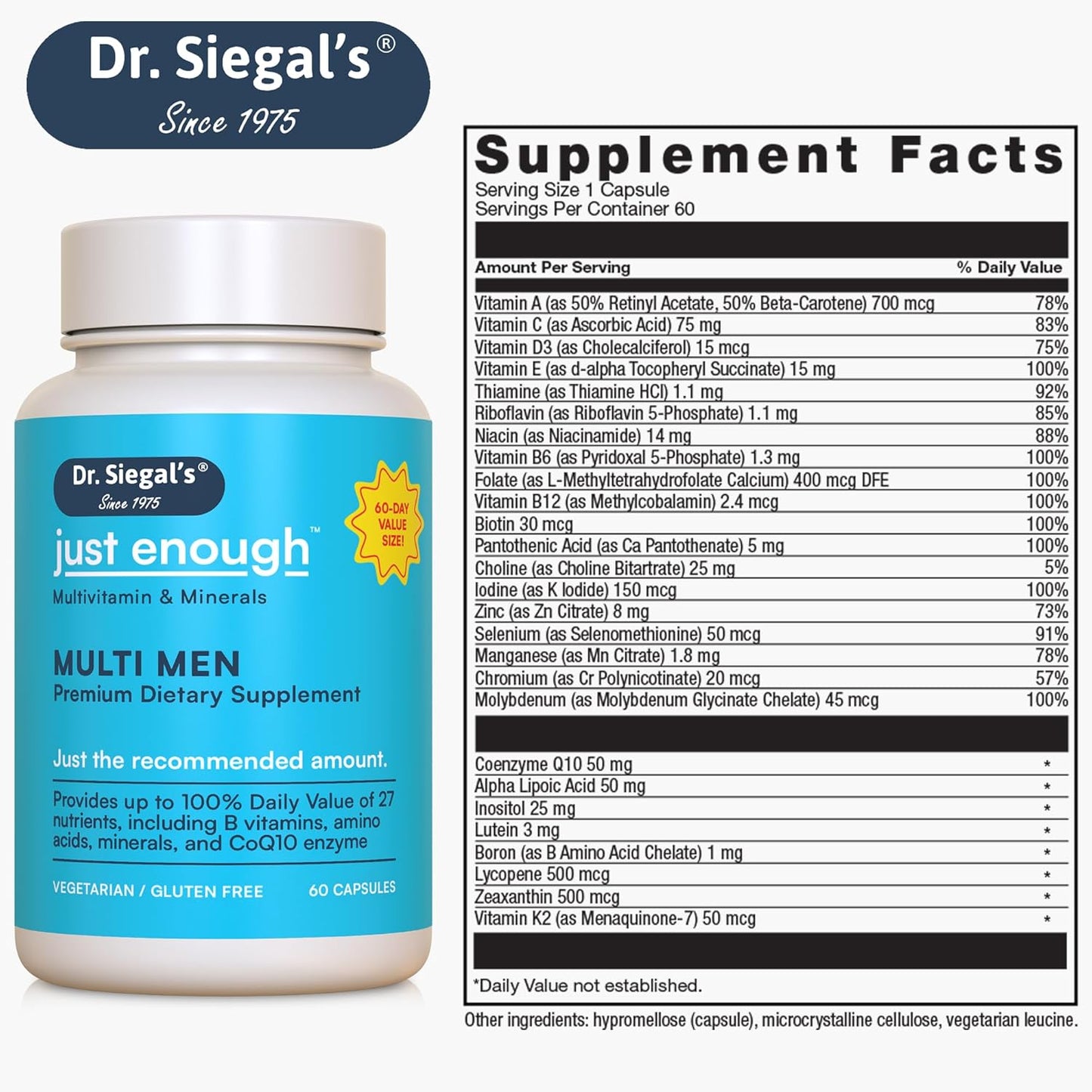 Men's Daily Multivitamin Capsules - 60 Servings of Vegetarian Multivitamins for Men - Mens Multivitamin & Multi Minerals Supplement - Dr. Siegal's Just Enough