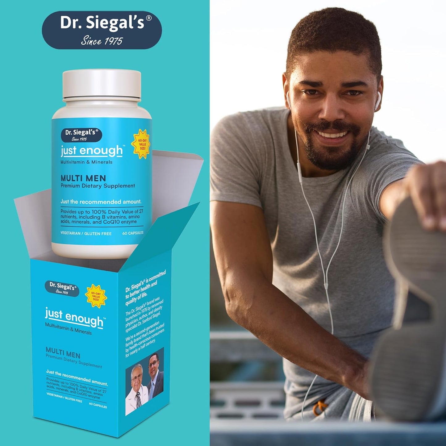 Men's Daily Multivitamin Capsules - 60 Servings of Vegetarian Multivitamins for Men - Mens Multivitamin & Multi Minerals Supplement - Dr. Siegal's Just Enough