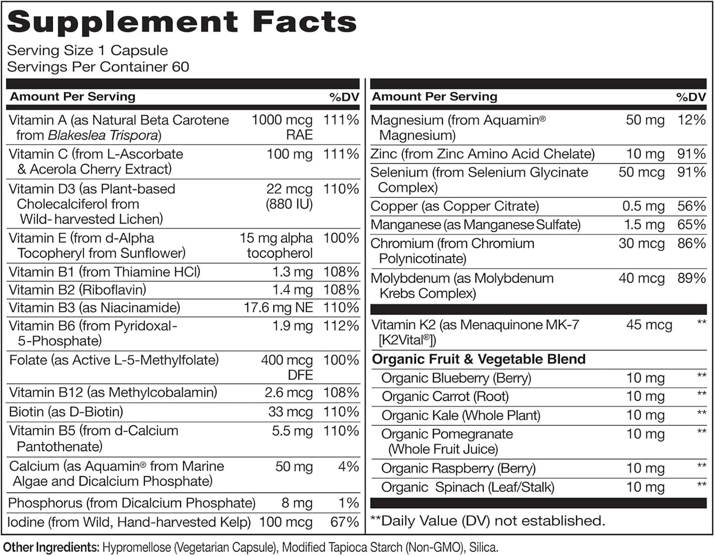 Men's Daily Multivitamin with Organic Whole Foods for Energy and Health - Non-GMO - 60 Capsules - 2 Month Supply