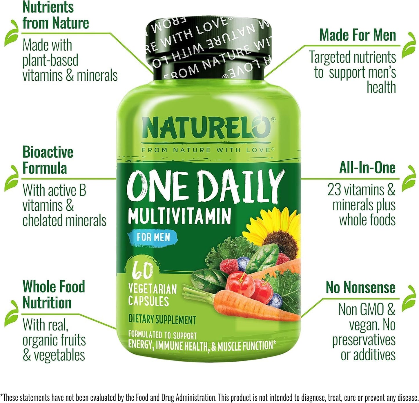 Men's Daily Multivitamin with Organic Whole Foods for Energy and Health - Non-GMO - 60 Capsules - 2 Month Supply