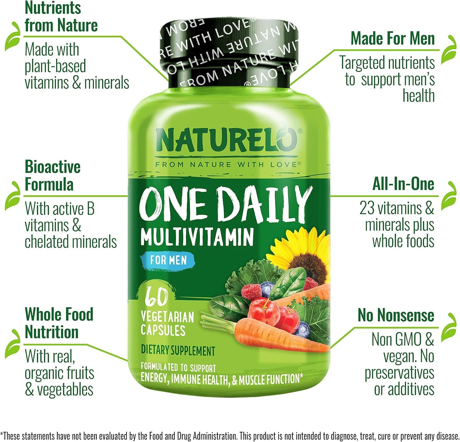 Men's Daily Multivitamin with Organic Whole Foods for Energy and Health - Non-GMO - 60 Capsules - 2 Month Supply