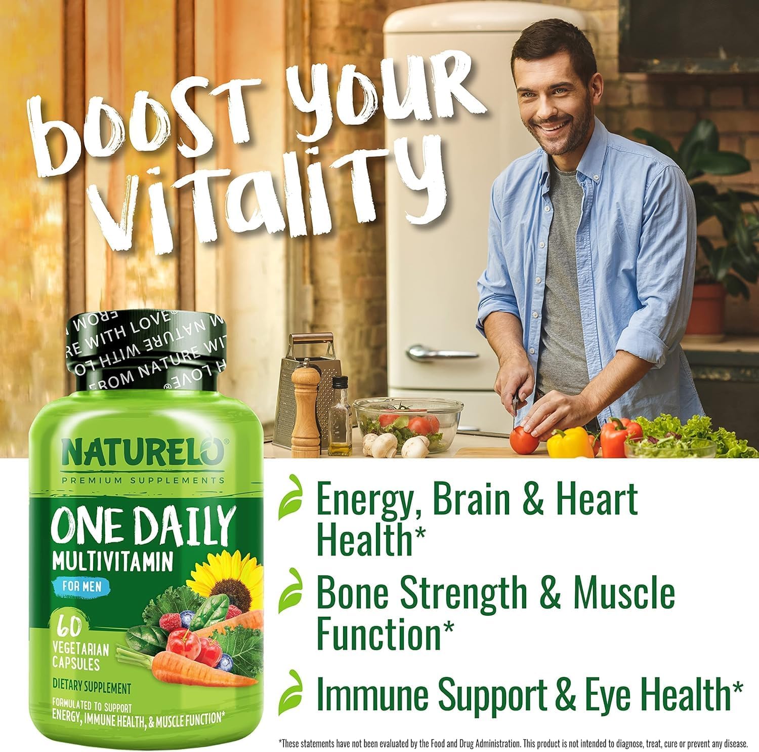 Men's Daily Multivitamin with Organic Whole Foods for Energy and Health - Non-GMO - 60 Capsules - 2 Month Supply