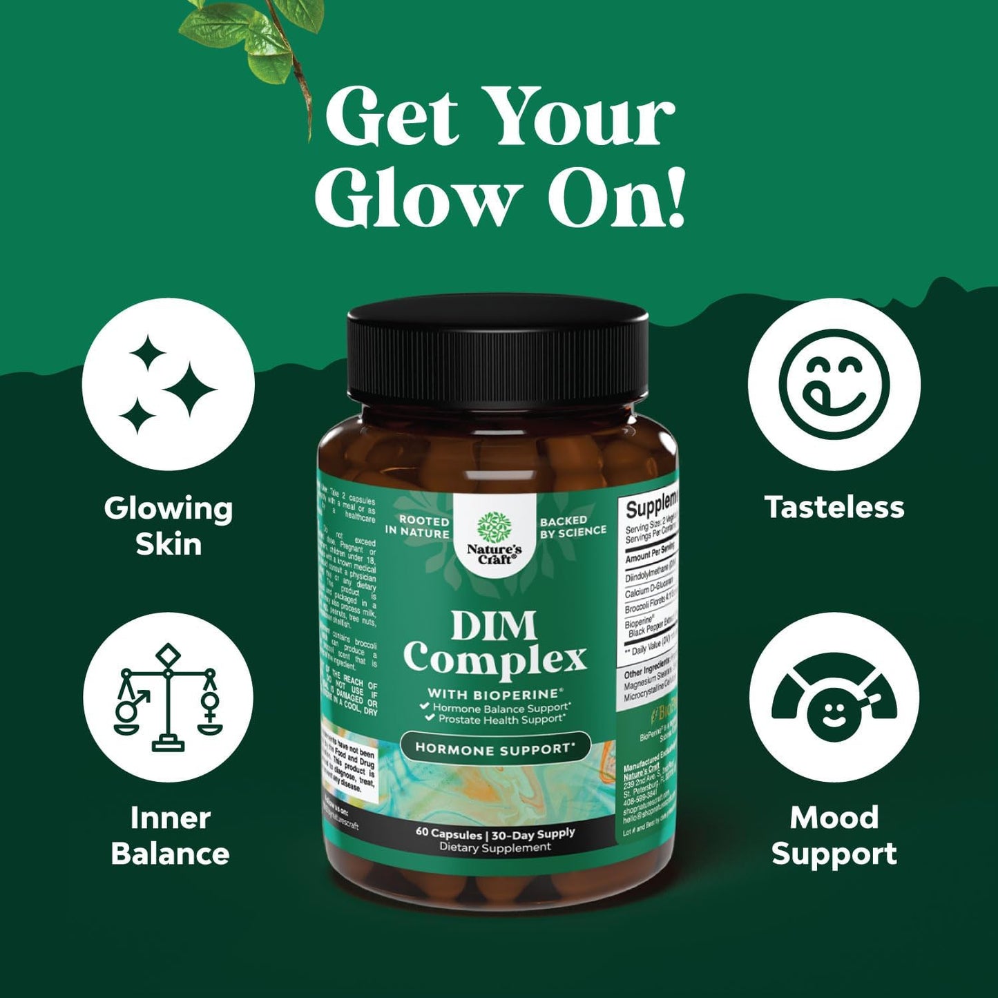 Men's DIM Supplement with Bioperine for Hormone Balance & Prostate Health - Natural Testosterone Complex with Broccoli - 60 Capsules