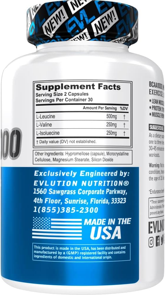 Men's EVL BCAA Amino Acids Supplement - Post-Workout Recovery & Lean Muscle Builder - BCAA1000 Nutritional Capsules - 30 Servings