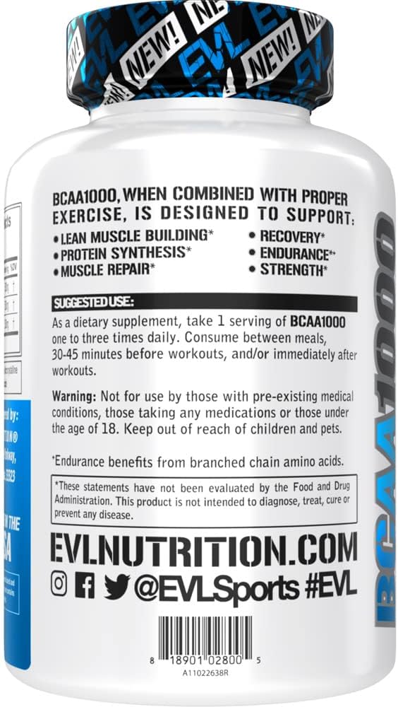 Men's EVL BCAA Amino Acids Supplement - Post-Workout Recovery & Lean Muscle Builder - BCAA1000 Nutritional Capsules - 30 Servings