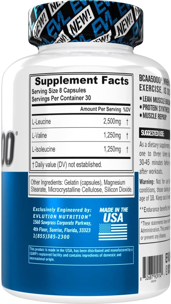 Men's EVL BCAA5000 Capsules - Post Workout Recovery & Lean Muscle Builder - 2:1:1 Ratio - 5g BCAAs - 30 Servings
