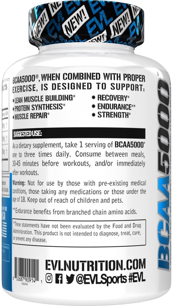 Men's EVL BCAA5000 Capsules - Post Workout Recovery & Lean Muscle Builder - 2:1:1 Ratio - 5g BCAAs - 30 Servings