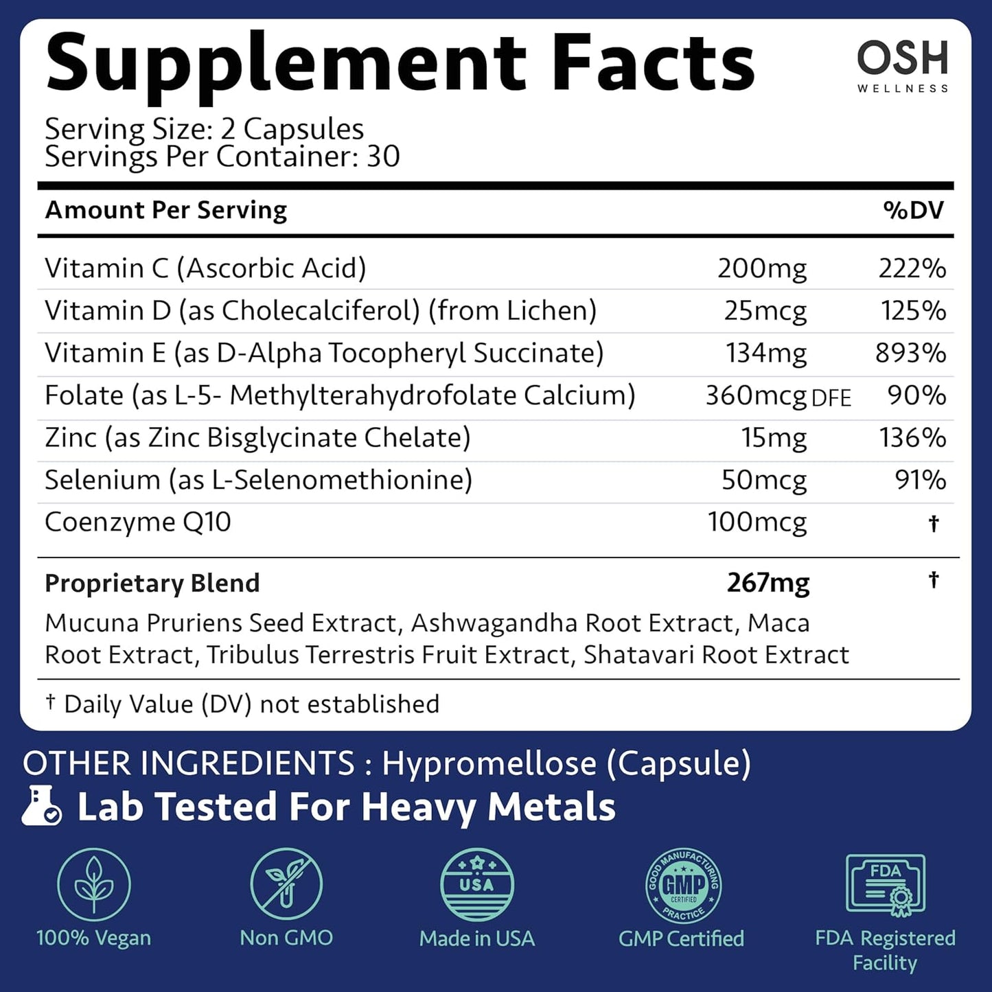 Men's Fertility Support Supplements with Ashwagandha, Mucuna, Maca, Shatavari, CoQ10 & Zinc - Vegan 60 Count - OSH Wellness