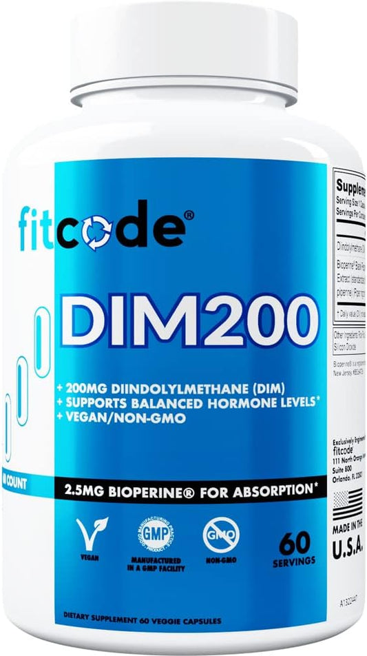 Men's Fitcode DIM Supplement - Advanced 200mg DIM with Bioperine for Enhanced Absorption - Vegan Non-GMO Hormone Balance for Energy & Mood
