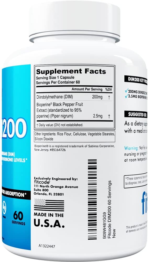 Men's Fitcode DIM Supplement - Advanced 200mg DIM with Bioperine for Enhanced Absorption - Vegan Non-GMO Hormone Balance for Energy & Mood