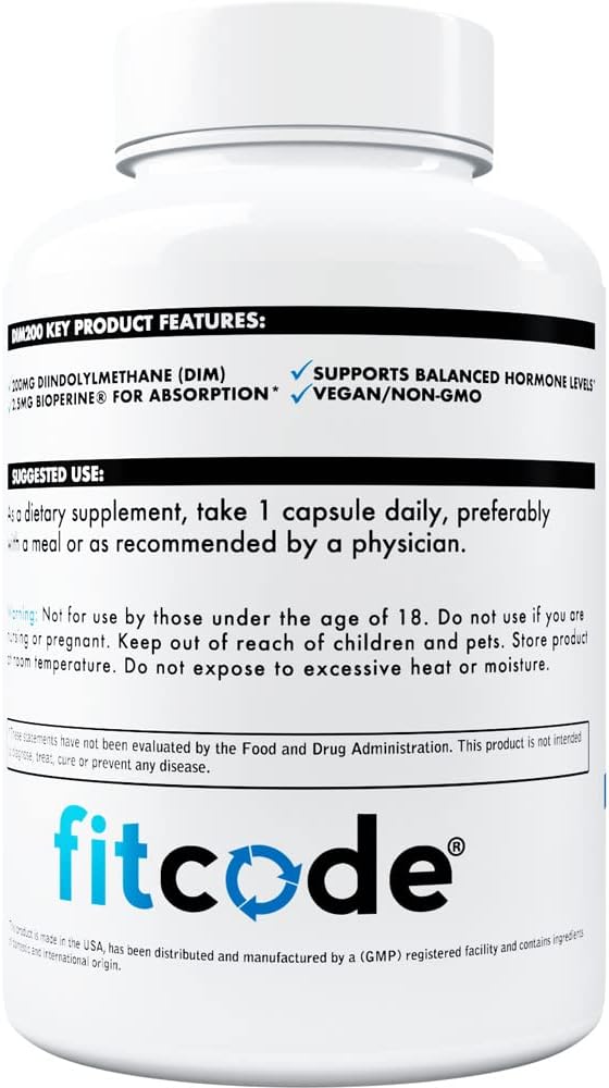 Men's Fitcode DIM Supplement - Advanced 200mg DIM with Bioperine for Enhanced Absorption - Vegan Non-GMO Hormone Balance for Energy & Mood