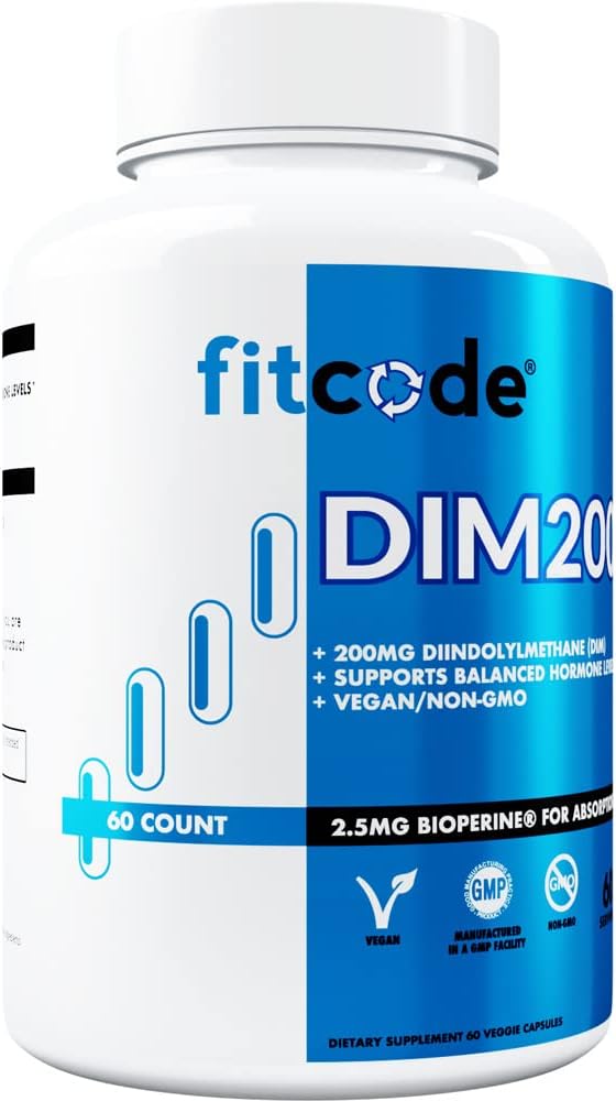 Men's Fitcode DIM Supplement - Advanced 200mg DIM with Bioperine for Enhanced Absorption - Vegan Non-GMO Hormone Balance for Energy & Mood