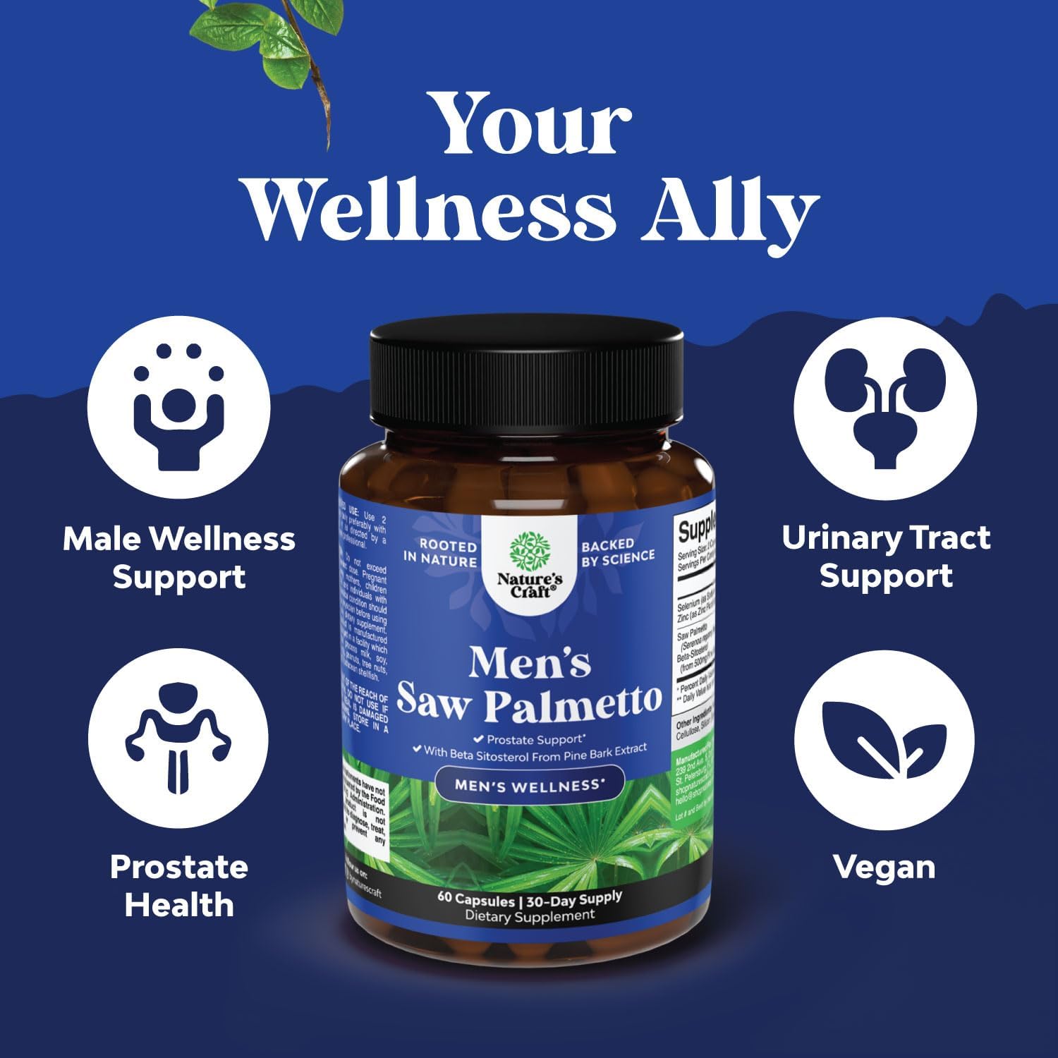 Men's Health Support: Saw Palmetto Extract with Beta Sitosterol - Prostate & Bladder Control Supplement - 60ct