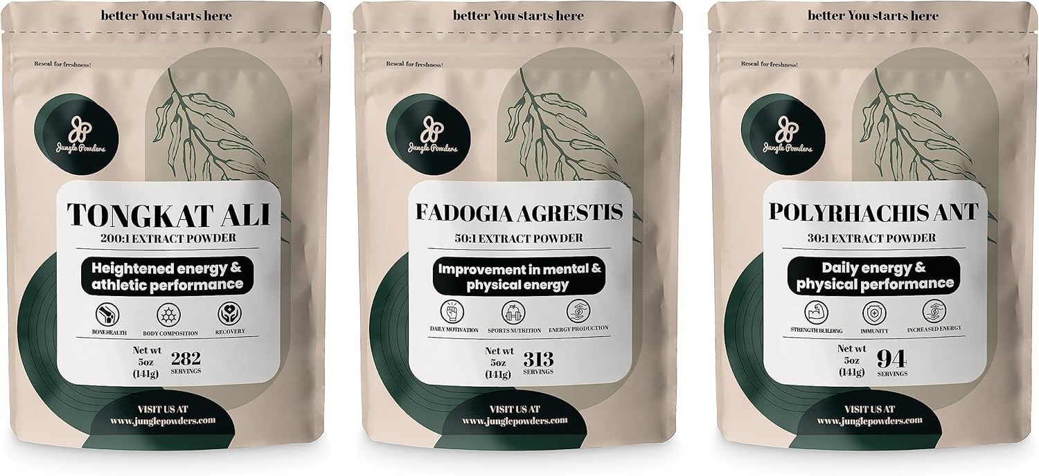 Men's Health Support Supplement Bundle: Jungle Powders Tongkat Ali, Fadogia Agrestis Extract, Black Ant - 689 Servings, 5oz