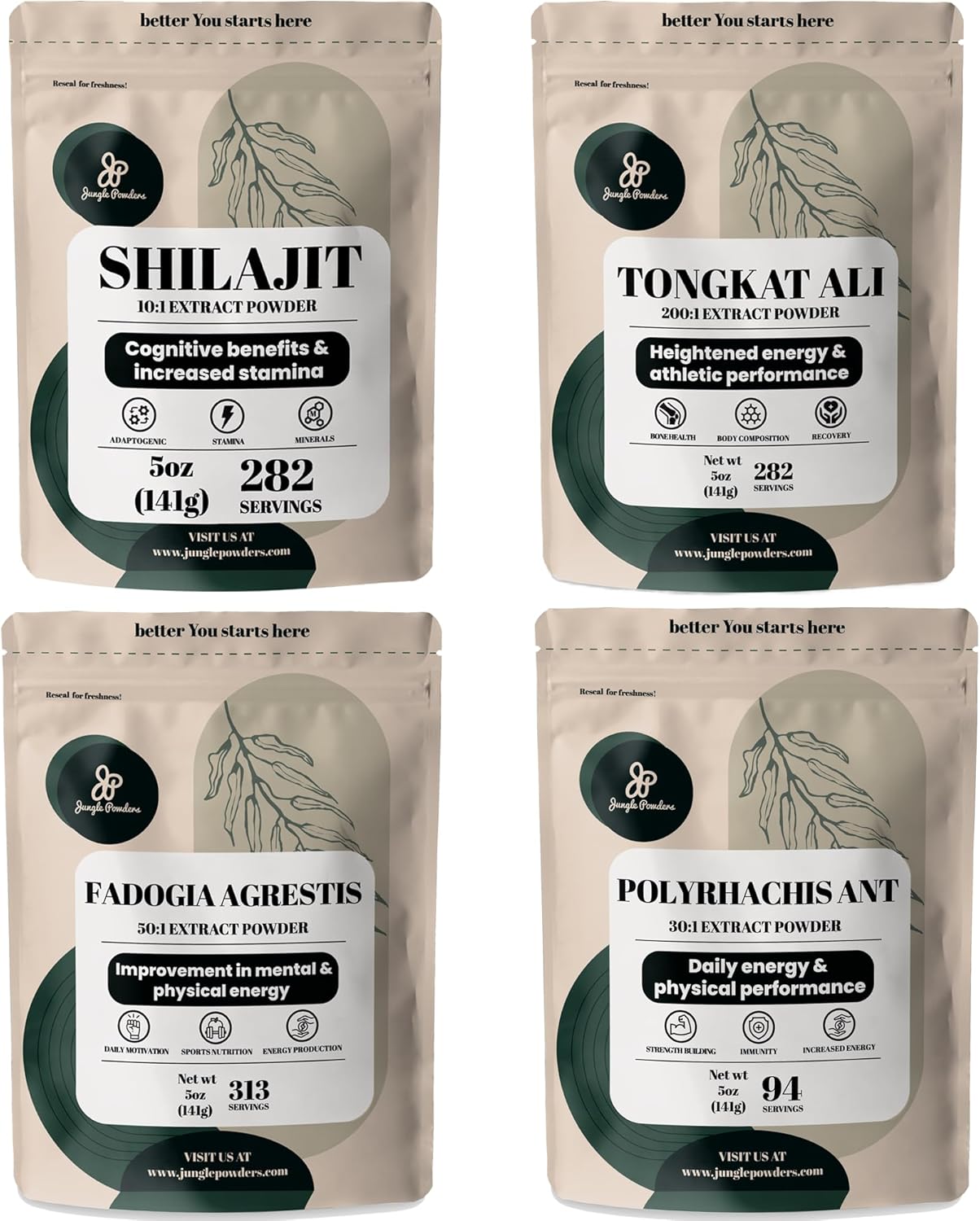 Men's Herbal Supplement Bundle - Shilajit, Tongkat Ali, Black Ant Extract, Fadogia Agrestis - Natural Powders for Energy and Vitality