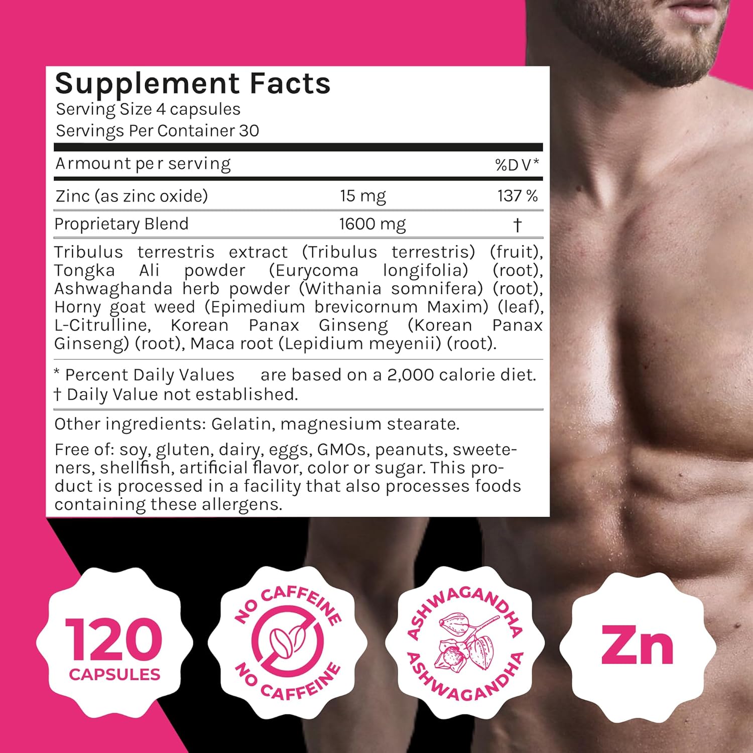 Men's Libido Boosting Supplement - Natural Blend with Ginseng, Maca, Ashwagandha - Increases Testosterone - Gluten Free (120 Caps)