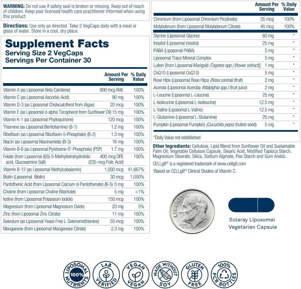 Men's Liposomal Multivitamin for Enhanced Absorption, Immune Support, Energy & Bone Health - Daily Multi with BCAA's, Vitamin D3, C, B12, Zinc - Vegan & Soy Free - 30 Servings, 60 VegCaps
