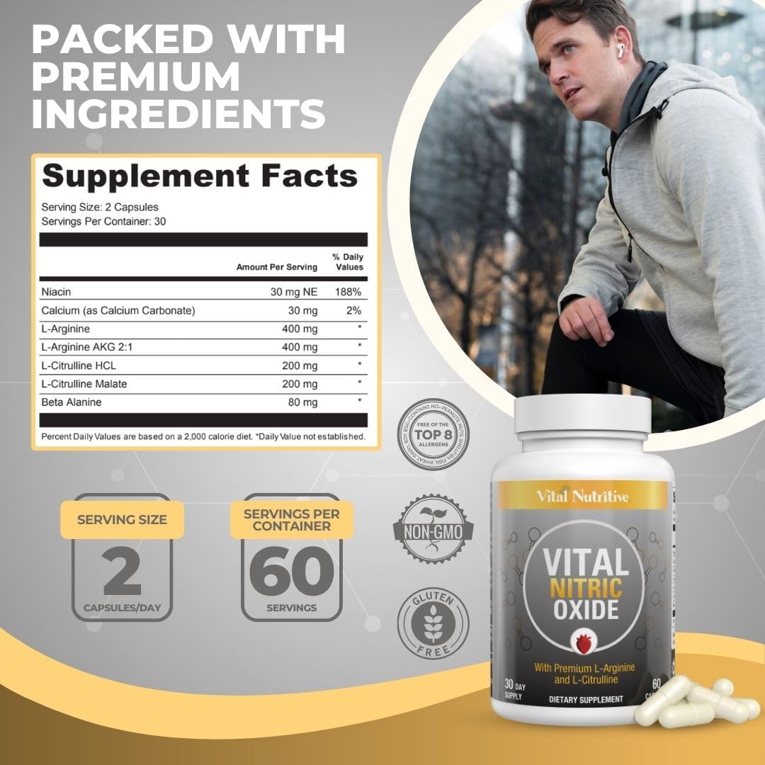 Men's Nitric Oxide Workout Booster Supplement - Boost Blood Flow, Energy, Performance - 60 Capsules