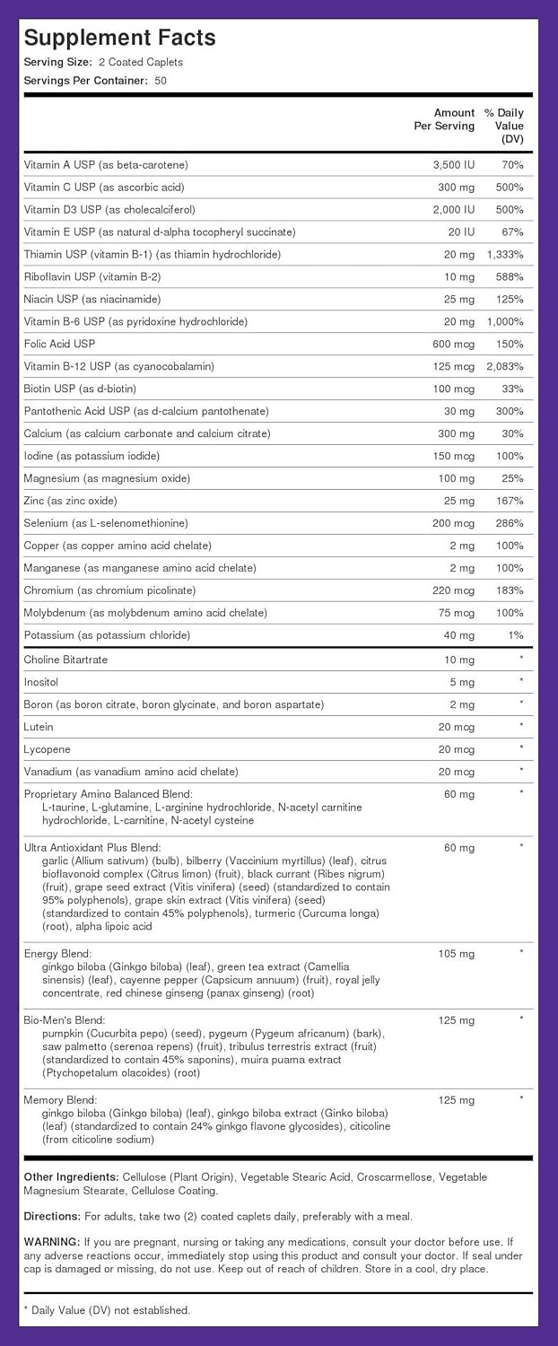 Men's Over 50 Multivitamin Caplets with Vitamin D3, Potassium, Folate - 100 Count - Non-GMO, Gluten Free
