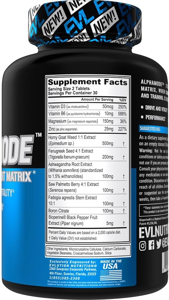Men's Performance & Recovery Supplement - Evlution Nutrition Alphamode - Vitamin D3, B6, Ashwagandha, Horny Goat Weed - 30 Servings