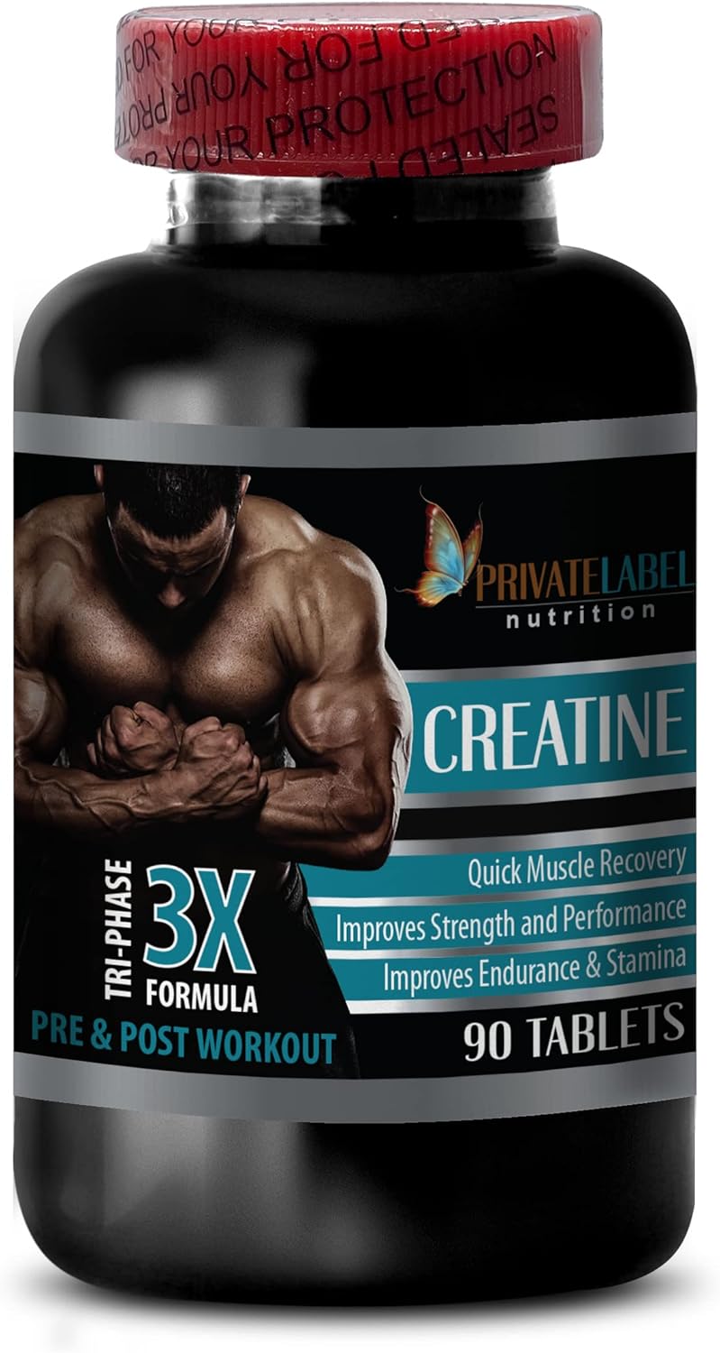 Men's Private Label CREATINE TRI-Phase Muscle Building Supplements - 3X Formula for Pre & Post Workout - 2 Bottles (180 Tablets) - creatine monohydrate Pills