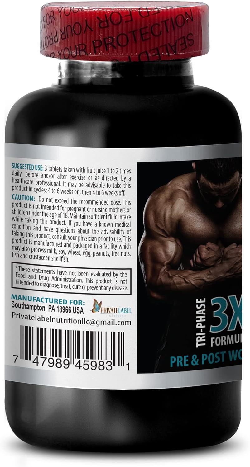Men's Private Label CREATINE TRI-Phase Muscle Building Supplements - 3X Formula for Pre & Post Workout - 2 Bottles (180 Tablets) - creatine monohydrate Pills
