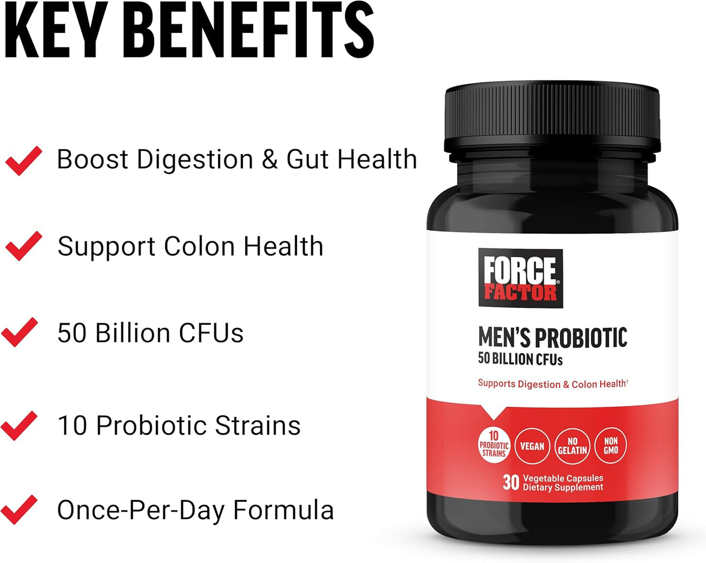 Men's Probiotic Supplement with 50 Billion CFUs and 10 Strains for Gut Health - Non-GMO, Vegan, 30 Capsules