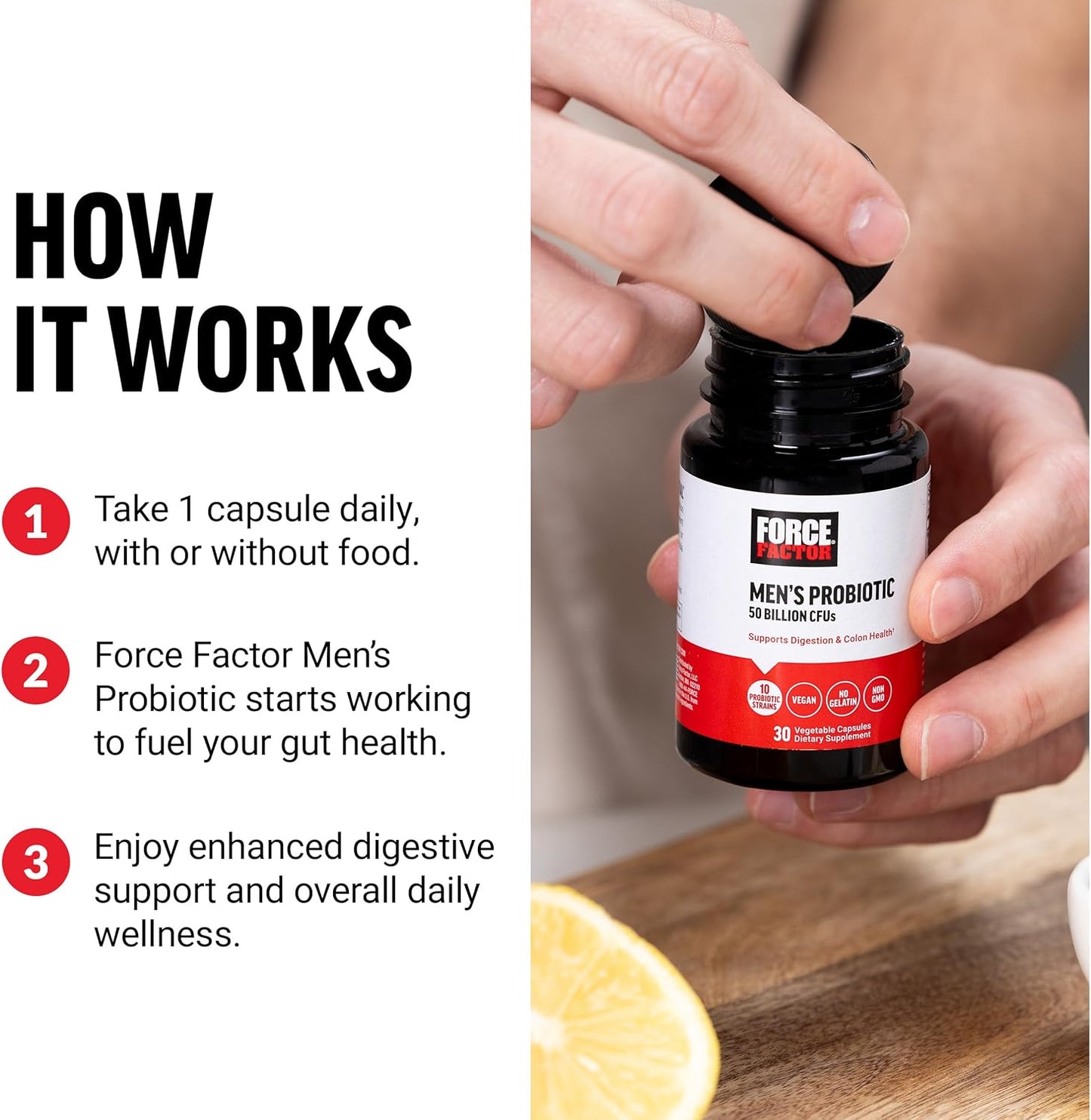 Men's Probiotic Supplement with 50 Billion CFUs and 10 Strains for Gut Health - Non-GMO, Vegan, 30 Capsules